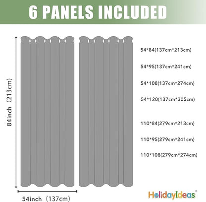HolidayIdeas Waterproof Outdoor Curtains for Patio, 6 Panels - 54x120 Inches - Weatherproof Privacy Outsides Curtains for Backyard Porch Gazebo, Sunlight & UV Blocking (Grey, Grommet Top)