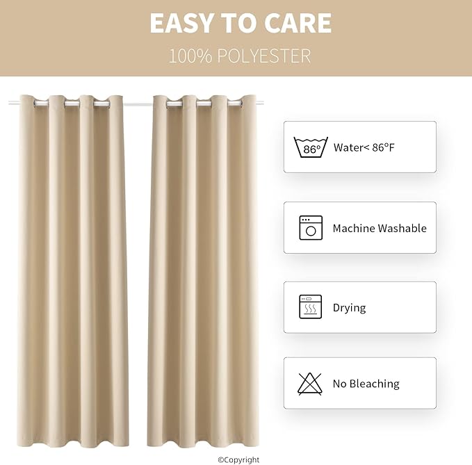 Water Proof Outside Curtains with Grommet Top for Porch, W52 x L120 Thermal Insulated Washable Light Block Outdoor Divider Drapes for Patio Gazebo Deck Pool Area Pergola Cabana (Beige, 2 Panels)