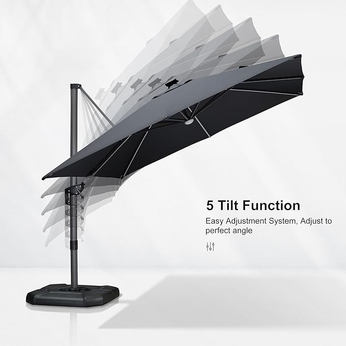 PURPLE LEAF 10 Feet Patio Umbrella with Base Outdoor Cantilever Solar Powered LED Square Umbrella Aluminum Offset Umbrella with 360-degree Rotation for Garden Deck Pool Patio, Grey