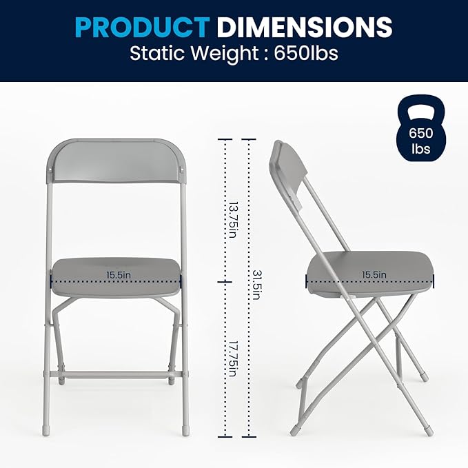 Flash Furniture Hercules Series Plastic Folding Chair - Grey - 4 Pack 650LB Weight Capacity Comfortable Event Chair-Lightweight Folding Chair