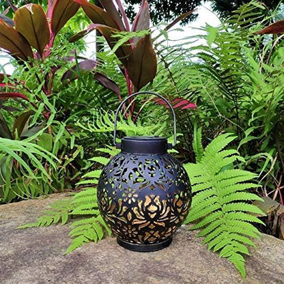 EXCMARK 2 Pack Outdoor Solar Hanging Lantern Lights Metal LED Decorative Lamp for Garden Patio Courtyard Lawn and Table with Hollowed-Out Design (Black)