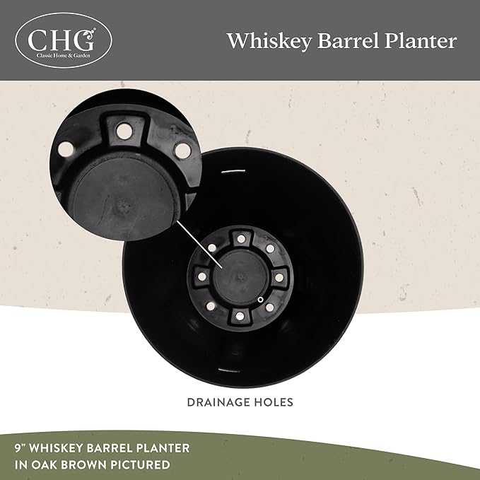 Classic Home & Garden Whiskey Barrel Planters - Wooden Finish Flower Planter Pot - Decorative Garden Pots - Indoor & Outdoor Resin Planters - Weather-Resistant Planting Pots (15” Oak Brown, Pack Of 1)