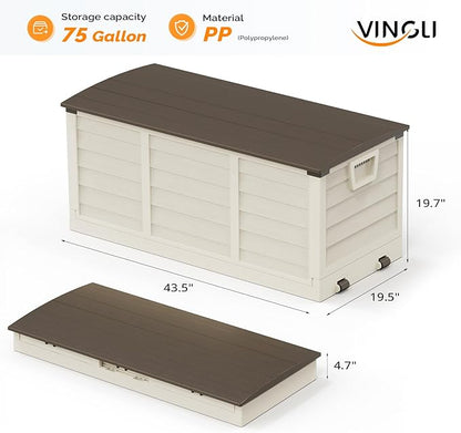 VINGLI 75 Gallon Collapsible Outdoor Storage Box, Simple-to-assemble Plastic Storage Containers with Lid, Patio Deck Box Furniture for Garden, Pool, Balcony, Yard (Coffee)
