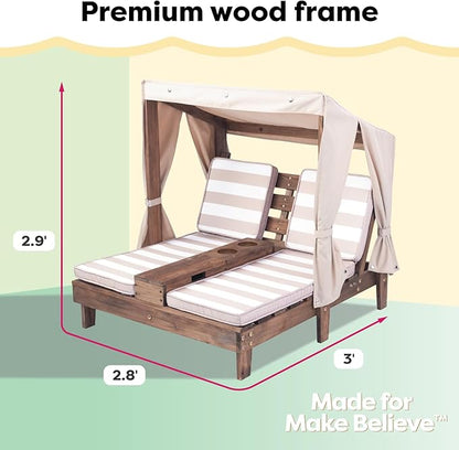 KidKraft Wooden Outdoor Double Chaise Lounge with Cup Holders, Patio Furniture for Kids or Pets, Espresso with Oatmeal and White Striped Fabric