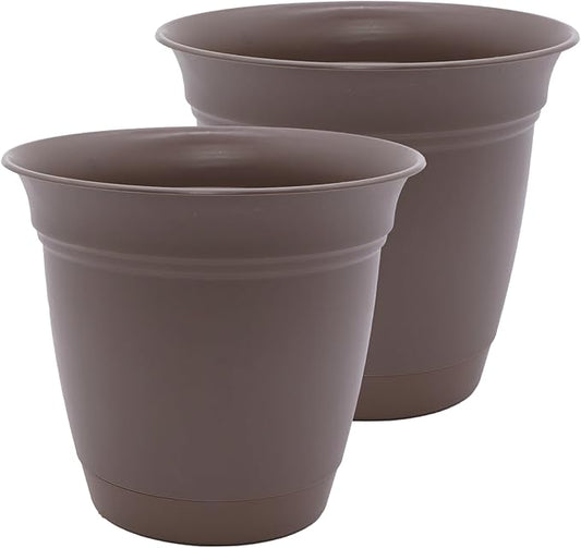 The HC Companies 10 Inch Eclipse Round Planter Pots with Drainage Holes & Attached Saucer, Lightweight UV-Resistant Plastic Indoor & Outdoor Planters, 2-Pack Flower Pots, Garden Home Decor, Cappuccino