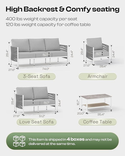 Aluminum Outdoor Patio Couch Loveseat, HDPE Rope Patio Sofa with Washable Thick Cushion, All-Weather Patio Furniture for Balcony, Yard, White Frame, White