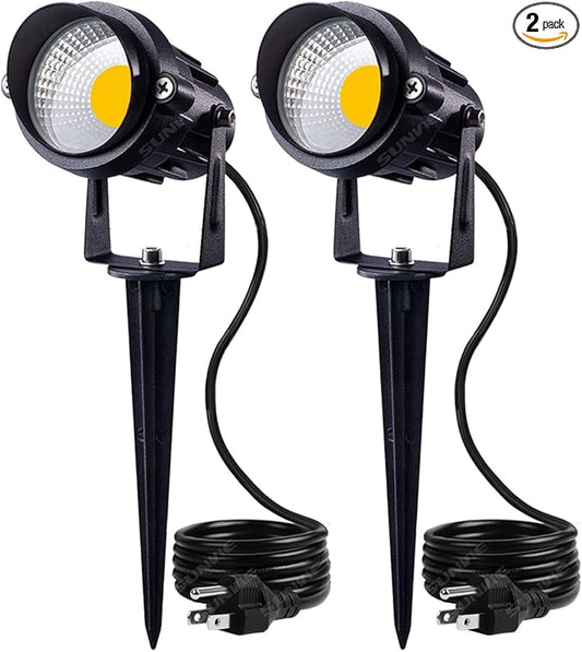 SUNVIE Outdoor Landscape LED Lighting 12W Waterproof Garden Lights COB Led Spotlights with Spiked Stand for Lawn Decorative Lamp US 3- Plug 3000K Warm White (2 Packs)
