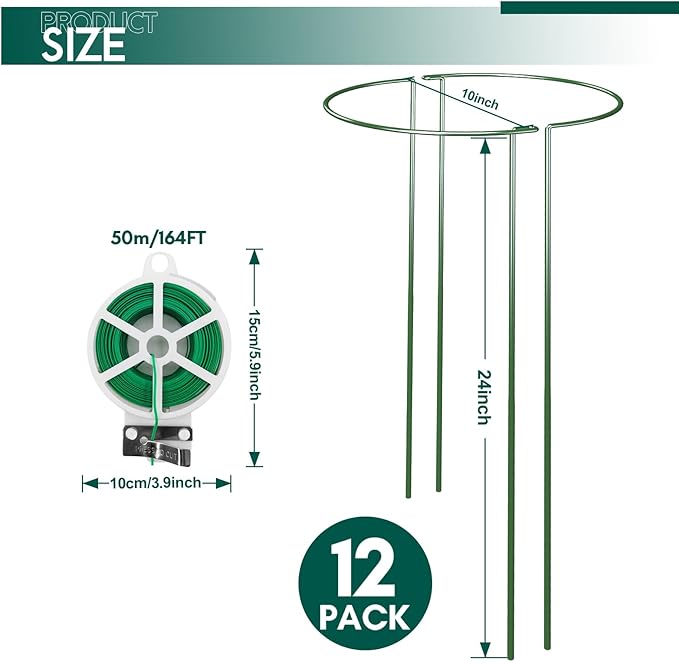 12 Pack 24 inch Plant Support Stakes, Half-Round Metal Garden Flower Stakes, Large Peony Support Ring and Cage for Indoor and Outdoor Plants, Hydrangea, Tomato, Rose, Monstera with Plant Ties