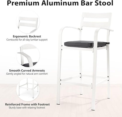 VINGLI 3-Piece Outdoor Bar Set, Aluminum Bar Height Table & 2 Chairs with Cushions, Counter Height Patio Furniture for Backyard, Poolside, Garden, Bistro, Indoor Outdoor Use (White)