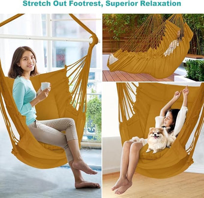 Outerman Hammock Chair, Hanging Chair with 3 Cushions and Foot Rest Support, Sturdy Metal Spreader Bar Max 500Lbs, Swing Chair for Bedroom, Indoor & Outdoor, Patio, Porch or Tree（Khaki）