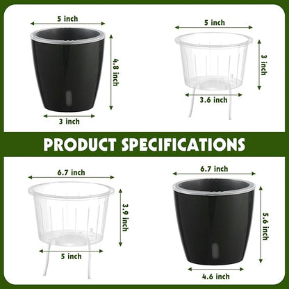 Self-Watering Pots for Indoor Plants, 6-Pack 6.7'' Self Watering Planter with Drainage Holes, Small African Violet Pots with Water Indicator, Clear Wick Pot, Black