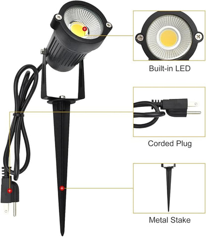 GSS6005 Plug in Spotlight Outdoor, 5W LED Landscape Spotlight 120V, 3000K Warm White, Metal Construction with Ground Stake, 3ft Cord and Plug, Black (Pack of 2)