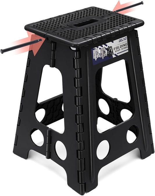 Delxo Folding Step Stool 17.5 Inch Non-Slip Foldable Stools for Kids & Adults Up to 300 LBS Kitchen Collapsible Fold Up Stepping Stool with Dotted 1 Pack Black