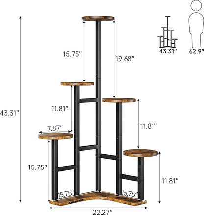 Corner Plant Stand Indoor, 6 Tiered Corner Plant Shelf Flower Stand for Multiple Plants, Plant Shelves Organizer Rack for Living Room, Balcony, Patio, Garden, Round Rustic Brown