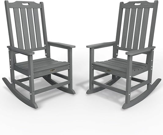 Oversized Rocking Chair Set of 2, Outdoor Rocking Chair for Adults, All Weather Resistant Porch Rocker for Lawn Garden, Grey