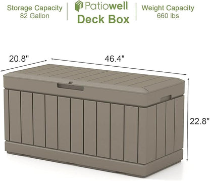 Patiowell 82 Gallon Resin Deck Box, Waterproof Large Wood Look Storage Box for Patio Furniture, Pool Accessories, Garden Tools and Sports Equipment, Lockable, Light Brown
