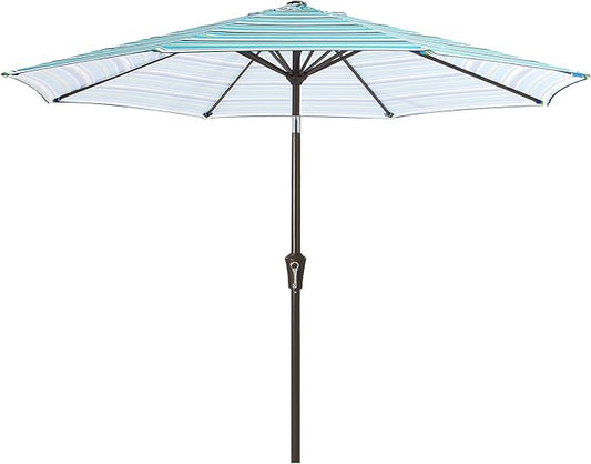 MEWAY 9ft Patio Umbrella Outdoor Table Umbrellas with Push Button Tilt and Crank, Market Umbrella 8 Sturdy Ribs for Deck, Garden, Pool and Backyard, Blue Green Stripe