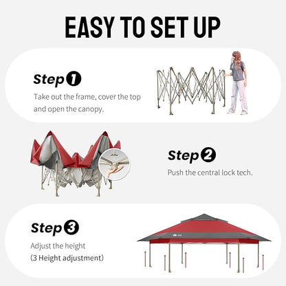 CROWN SHADES 13x13 Pop Up Gazebo with Mosquito Nettings, Patented Center Lock 6-Sided Portable Gazebo, 300D Silver-Coated Fabric UV Resistant, Pop Up Canopy Tent for Patio, Party, Red&Grey