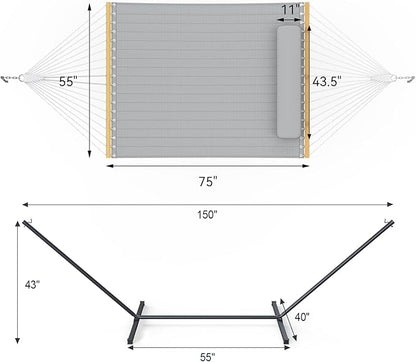 2 Person Outdoor Hammock with Stand, Cotton Rope Hammock with Polyester Pad, Adjustable Steel Frame, Portable with Carrying Bag – for Patio, Backyard, Garden, Beach,Dark-Gray