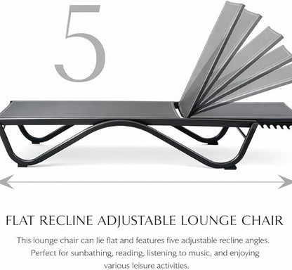 Kozyard Outdoor Chaise Lounge Chair, Full Flat Adjustable Patio Lounger with Aluminum Frame & Resin Legs, Textilene Fabric for Poolside, Backyard & Beach (Gray, 2Chairs)
