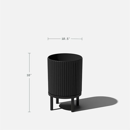 Veradek Demi Series Round Planter w/Stand for Porch/Patio | Durable Plastic-Stone Composite & Wooden Stand | Modern Décor for Tall Plants, Flowers