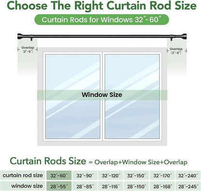 Time Forest Black Curtain Rods for Windows 28 to 48 Inch (2.3-4 Feet), 1 Inch Diameter Adjustable Heavy Duty Curtain Rod, Modern Style Indoor Outdoor Window Drapery Rods with End Caps, Size 32"- 60"