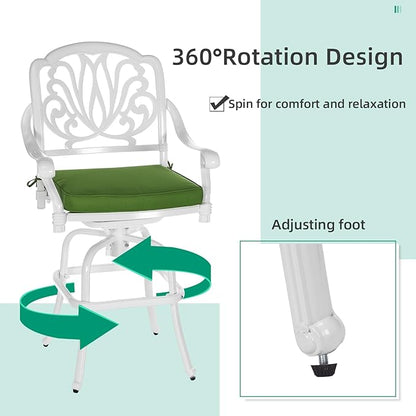 VIVIJASON 5-Piece Patio Swivel Bar Stools Set, All Weather Cast Aluminum Outdoor Bar Height Bistro Set with 4 Cushioned Bar Chairs & 35.4" High Bar Table w/Umbrella Hole for Backyard, Lawn, White