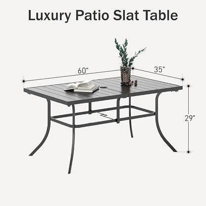 PHI VILLA 6-Person Outdoor Metal Steel Slat Dining Rectangle Table with Adjustable Umbrella Hole, Weather-Resistant for Patio Outdoor Use, Black
