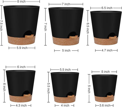 Indoor Self Watering Planters with Drainage Holes and Saucers, 8, 7, 6.5, 6, 5.5, 5 Inches, Black, 6 Pots