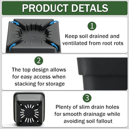 BTPLASTIK Square Nursery Pots 5.5 Inch, 50Pcs Plastic Sturdy Reusable Seedling Pots with Drainage Holes, Garden Flower Planters for Indoor/Outdoor, Transplanting, Succulents, Cuttings, Black