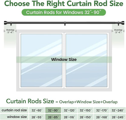 2 Pack Black Curtain Rods for Windows 48 to 84, 1 Inch Adjustable Heavy Duty Long Window Curtain Rod with End Caps, Modern Indoor Outdoor Drapery Rods for Patio Bedroom, Size 32" - 90"