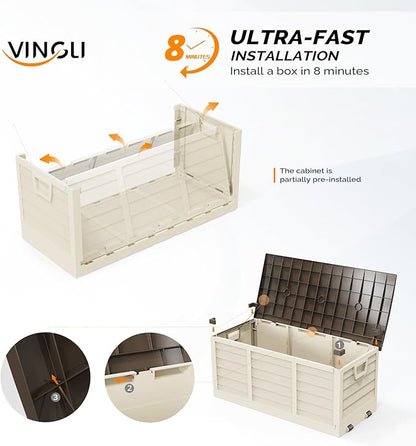 VINGLI 75 Gallon Collapsible Outdoor Storage Box, Simple-to-assemble Plastic Storage Containers with Lid, Patio Deck Box Furniture for Garden, Pool, Balcony, Yard (Coffee)