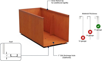Plantercraft Large Rectangular Planters for Outdoor Plants | 48x18x36 Corten Steel Planter | Extra Large Outdoor Planter Box for Patios and Gardens | Fully Assembled Metal Planter Rectangle
