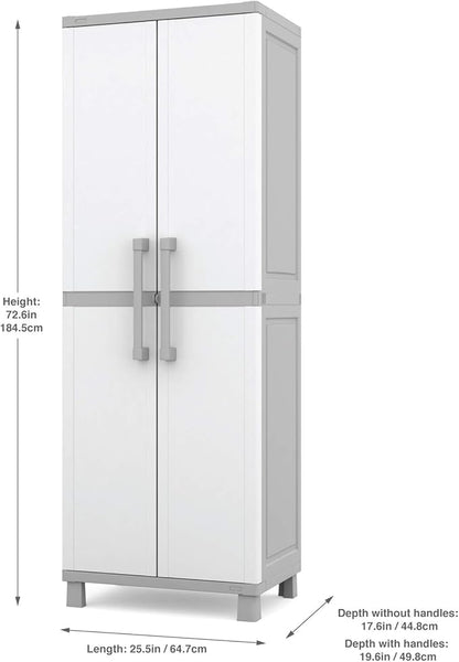 Keter Storage Cabinet with Doors and Shelves for Laundry Room, Garage, Bathroom Accessories, Closet and Home Organization, White & Grey