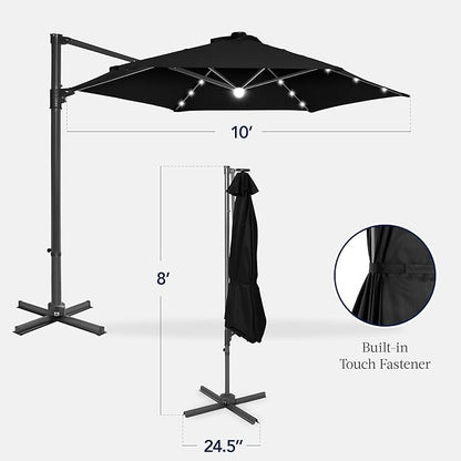 Best Choice Products 10ft Solar LED Offset Cantilever Hanging Market Patio Umbrella, Smooth 360° Rotation, 8 Sturdy Ribs, Easy Adjustment - Black