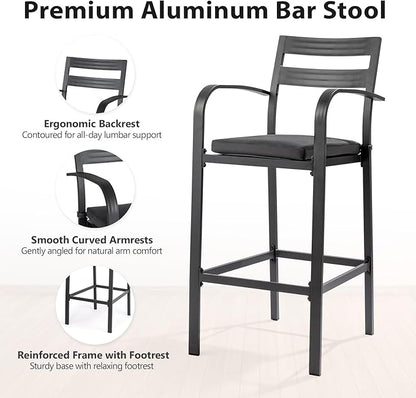 VINGLI 3-Piece Outdoor Bar Set, Aluminum Bar Height Table & 2 Chairs with Cushions, Outdoor Bistro Set for Patio, Backyard, Poolside, Garden(Gray)