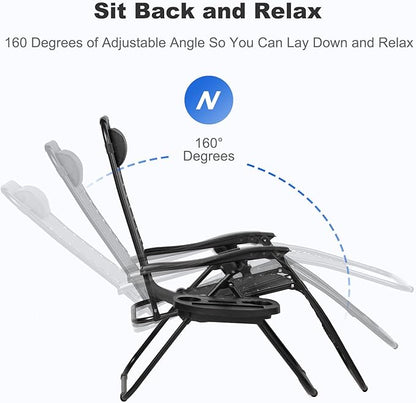 Nazhura Set of 2 Relaxing Recliners Patio Chairs Adjustable Steel Mesh Zero Gravity Lounge Chair Beach Chairs with Pillow and Cup Holder Black