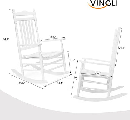 VINGLI Wooden Rocking Chair, Outdoor Chair with 450 lbs Support, Relaxing Rocker with Solid Wood High Back Seat Reclining Seat for Deck, Garden, Backyard, Porch, Indoor or Outdoor Use (White, 2PCS)