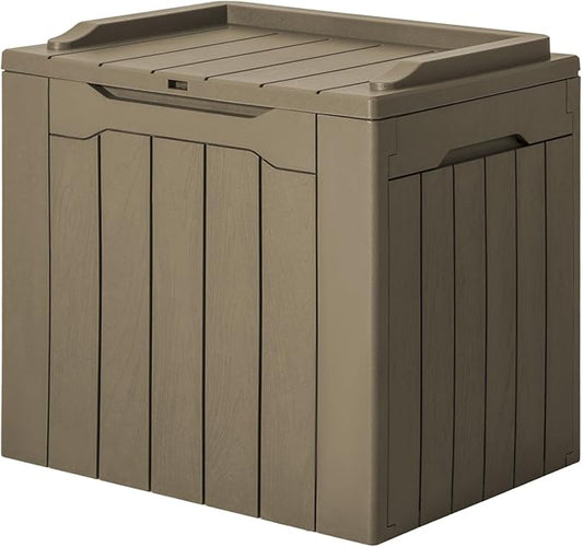 JUMMICO 31 Gallon Resin Deck Box Waterproof Indoor Outdoor Storage Boxes for Patio Furniture Cushions and Garden Tools (Light Brown)