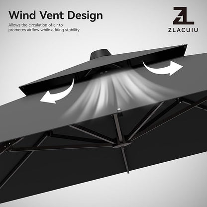 9x12FT Grey Cantilever Outdoor Patio Umbrella with Base, Large Rectangular Offset Design, Double Top Heavy Duty Aluminum Frame & 360° Rotation for Pool Garden Deck Backyard