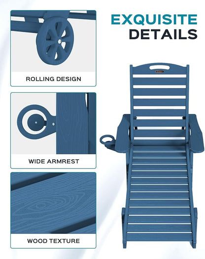 Outdoor Lounge Chair Set of 4, All Weather Patio Chaise Lounge Chair for Outside, HDPE Chair with Rolling Wheels & Cup Holder, 5 Position, Deck, Pool, Navy Blue