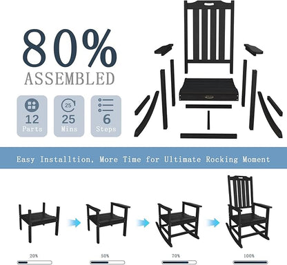 Oversized Rocking Chair Set of 4, Outdoor Rocking Chair for Adults, All Weather Resistant Porch Rocker for Lawn Garden, Black