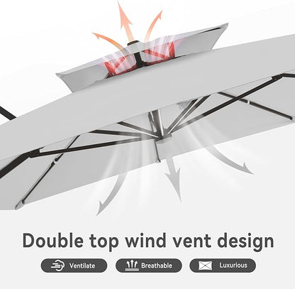 10 X 13 FT Cantilever Outdoor Patio Umbrella with Base Included Large Heavy Duty 360° Rotation Double Top Offset Rectangular Umbrellas with Led Lights for Backyard Outside Deck,Fog Grey