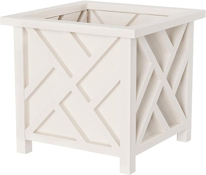 Lattice Design Outdoor Planter Box - 14.75” Square 13” Tall White Plant Pot - Decorative Plant Pots for Front Porch Decor - Flower Pots Outdoor Planters for Porch Patio or Garden Decor by Pure Garden