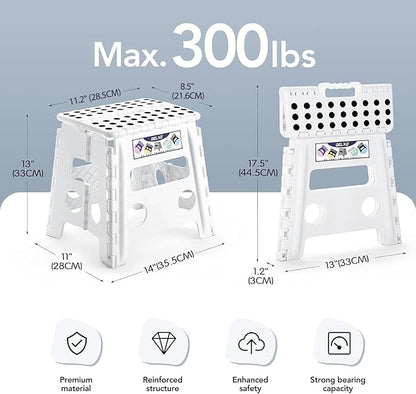 Delxo 13" Folding Step Stool for Kids and Adults, Non-Slip Foldable Step Stools with Handle,Plastic Portable Folding Stool for Bathroom,Bedroom,Kitchen,Hold up to 300lbs White