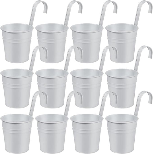 OBTANIM 12 Pack Metal Hanging Flower Pots Railing Planter Outdoor Fence Hanging Bucket Plant Holder with Detachable Hooks Drain Holes for Home Garden Yard Decor (White, 4 x 4 Inch)