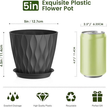5 inch Plant Pots for Indoor Outdoor Plants, 6 Pack Thick Nursery Pots with Drainage Holes and Saucers, 3D Modern Wave Texture Small Plastic Planter Flower Pots for Succulent, Herb, Black