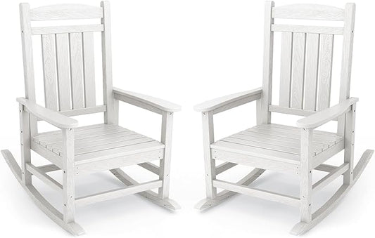 KINGYES Oversized Patio Rocking Chair Set of 2, High Density Polyethylene Outdoor Rocking Chairs with 330lbs Support for Adults, White