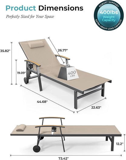 Ciokea Outdoor Lounge Chair with Pillow Set of 4, 5-Position Chaise Lounge with Wheels & Armrests, 400 lbs Heavy Duty Aluminum Pool Lounge Chairs, for Beach, Deck, Poolside & Backyard, Khaki