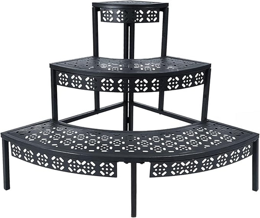 aboxoo 3 Tier Plant Stand Flower Pot Rack, Metal Stair-Step Style Corner Shelf Planters, Quarter Round Display Holder for Indoor Outdoor Use(Black, Semicircle)